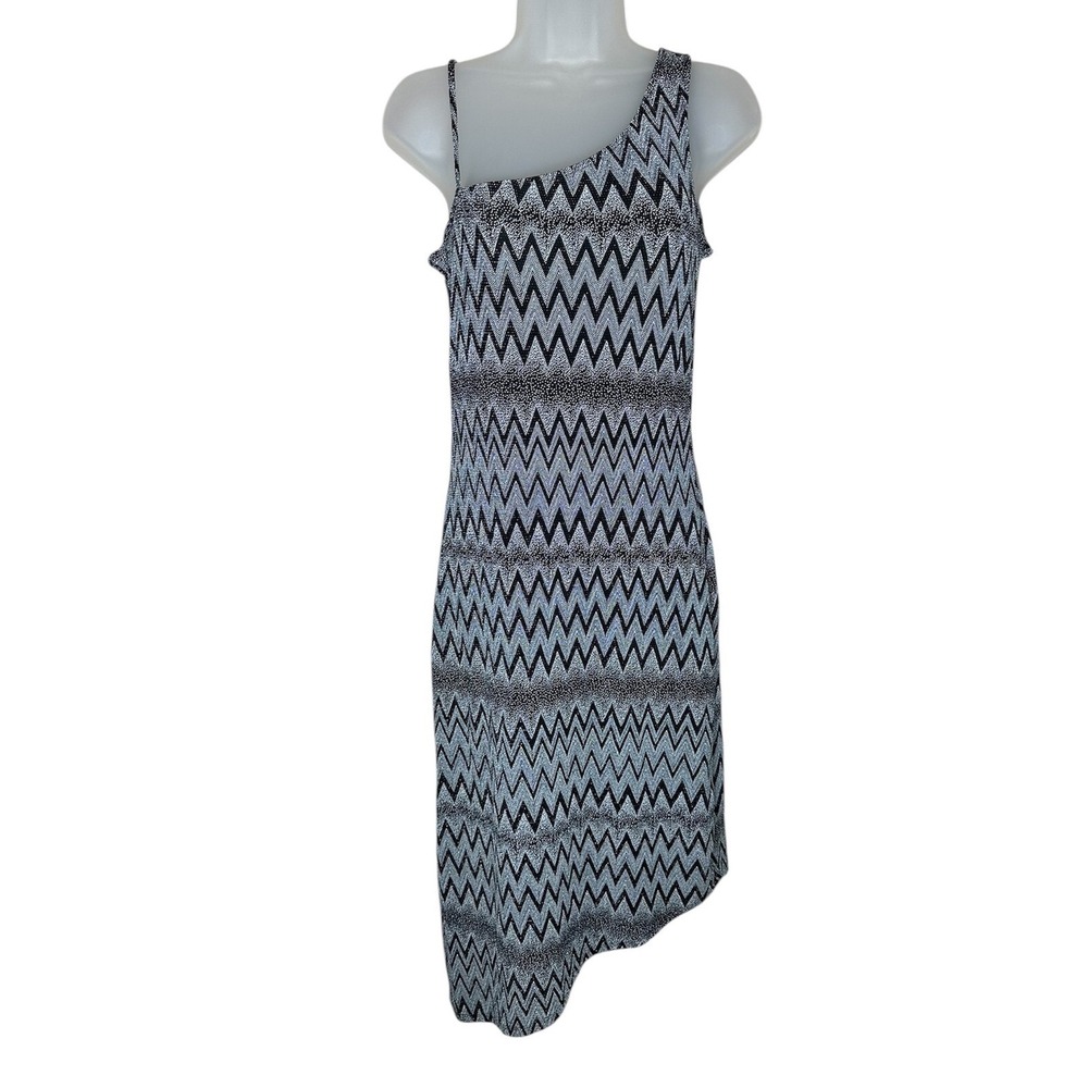 My Michelle Y2K Black White Chevron Asymmetrical One Shoulder Midi Dress L Fairy